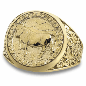 Real 10K Yellow Gold Taurus Ring, Zodiac Sign Mens Gold Coin Ring Astrology Jewelry