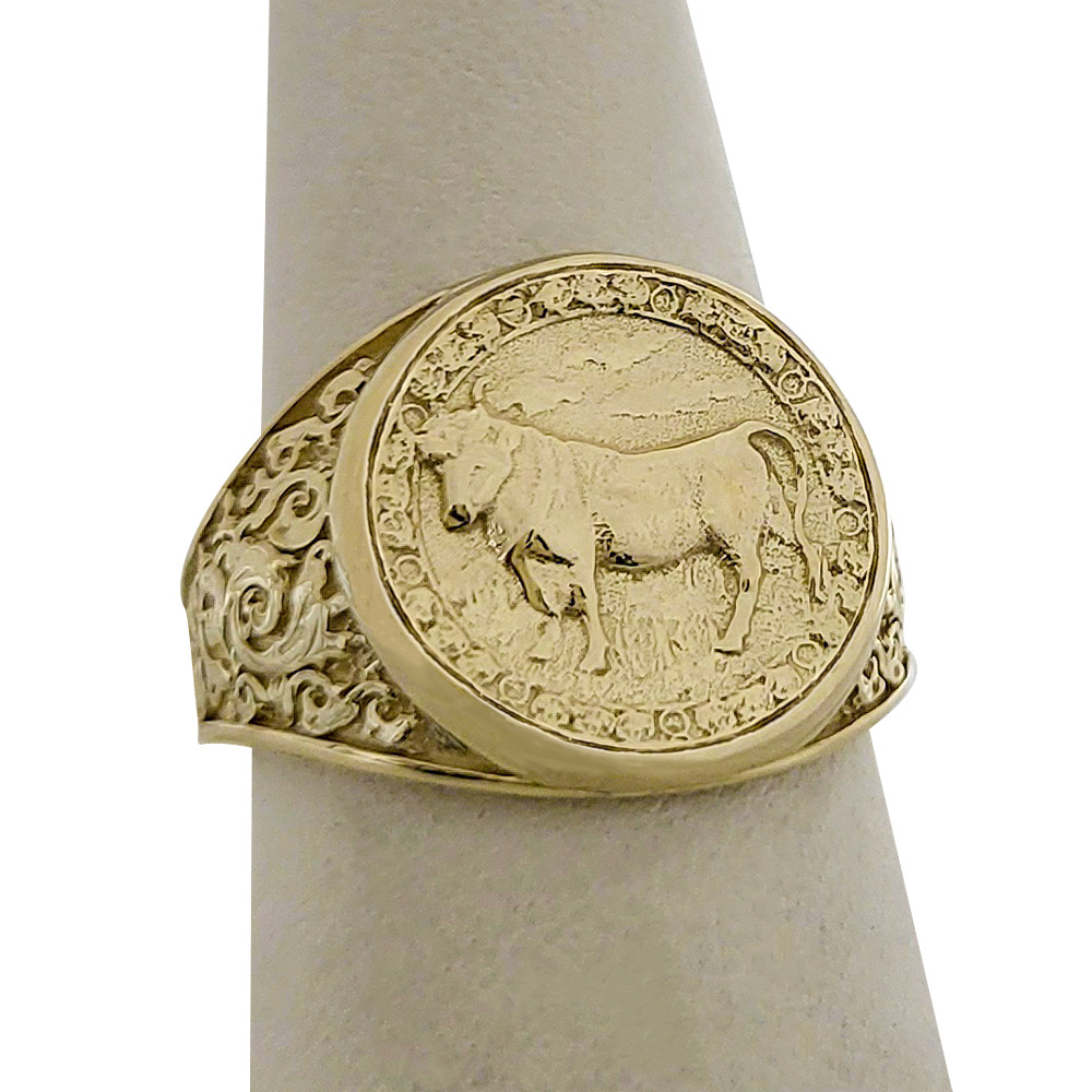 Real 10K Yellow Gold Taurus Ring, Zodiac Sign Mens Gold Coin