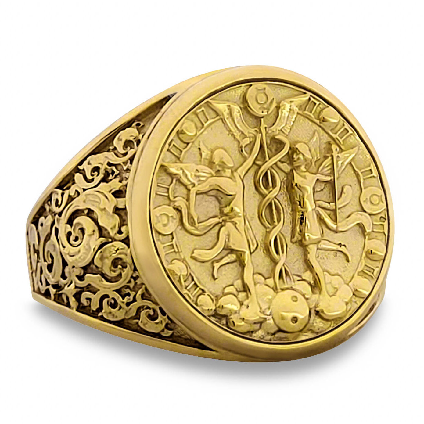 Real 18K Yellow Gold Gemini Ring, Zodiac Sign Mens Gold Coin Ring Astrology Jewelry