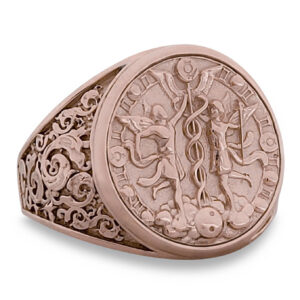 Real 18K Rose Gold Gemini Ring, Zodiac Sign Mens Gold Coin Ring Astrology Jewelry