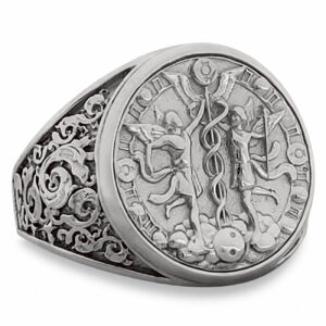 Real 18K White Gold Gemini Ring, Zodiac Sign Mens Gold Coin Ring Astrology Jewelry