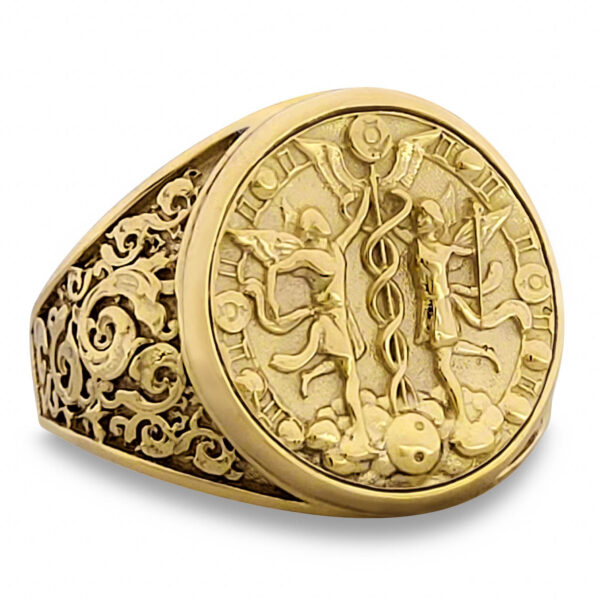 Real 14K Yellow Gold Gemini Ring, Zodiac Sign Mens Gold Coin Ring