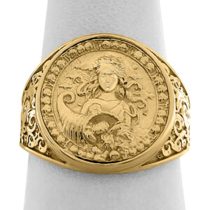Real 18K Yellow Gold Virgo Ring, Zodiac Sign Mens Gold Coin Ring Astrology Jewelry
