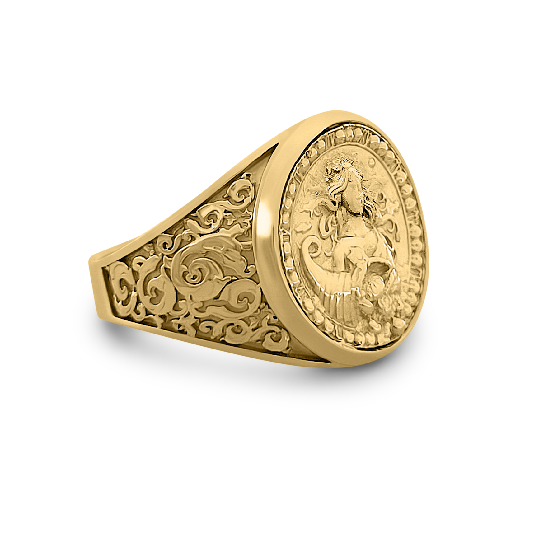 Real 18K Yellow Gold Virgo Ring, Zodiac Sign Mens Gold Coin