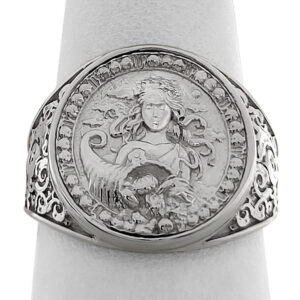 Real 18K White Gold Virgo Ring, Zodiac Sign Mens Gold Coin Ring Astrology Jewelry