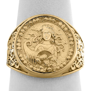 Real 14K Yellow Gold Virgo Ring, Zodiac Sign Mens Gold Coin Ring Astrology Jewelry
