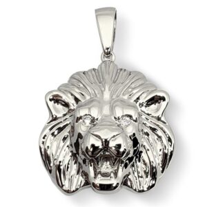 Solid 18K White Gold Mens Lion Pendant Diamond Eyes Lion Medal, 24mm