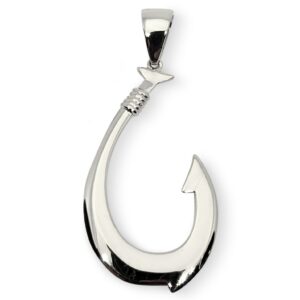 Solid 18K White Gold Fish Hook Pendant, 2.5 Inch Large, Hawaiian Fish Hook Jewelry, Hawaiian Makau, Hei Matau, Polynesian Pendant