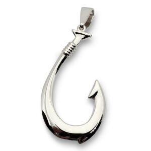 Solid 14K White Gold Fish Hook Pendant, 1.75 Inch, Hawaiian Fish Hook Jewelry, Hawaiian Makau, Hei Matau, Polynesian Pendant