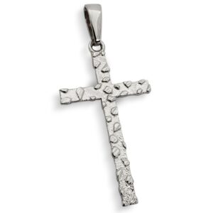 Solid 18K White Gold Skinny Cross Nugget Mens Gold Cross Pendant, 3.6 grams, 2"