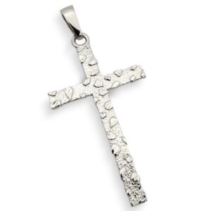 Solid 18K White Gold Skinny Cross Nugget Mens Gold Cross Pendant, 5.2 grams, 2 3/8"