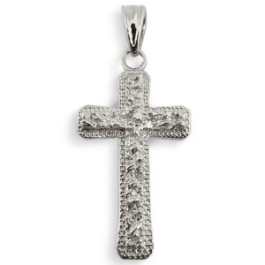Solid 10K White Gold Cross Medal Small Gold Nugget Cross Pendant, 7/8" 1.9 grams