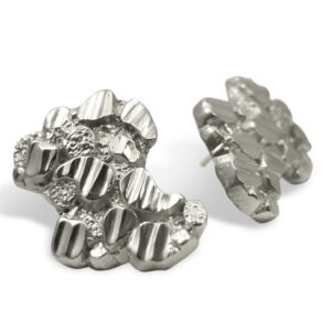 Solid 14K White Gold Thick Earrings Diamond Cut Mens Nugget Earrings