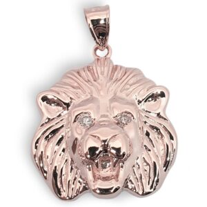 Solid 18K Rose Gold Mens Lion Pendant Diamond Eyes, 19mm, 4.0 grams