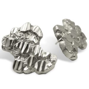 Solid 18K White Gold Thick Earrings Diamond Cut Mens Nugget Earrings