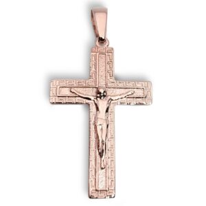 Solid 18K Rose Gold Cross Pendant Ornate Greek Key Cross, 4.4 grams, 1.75 inch