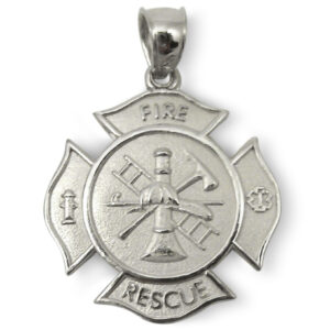 Solid 18K White Gold Firefighter Fire Rescue Pendant