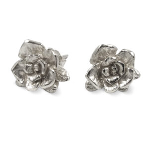 Solid 18K White Gold Stud Earrings Handcarved Rose Flower, Artisan
