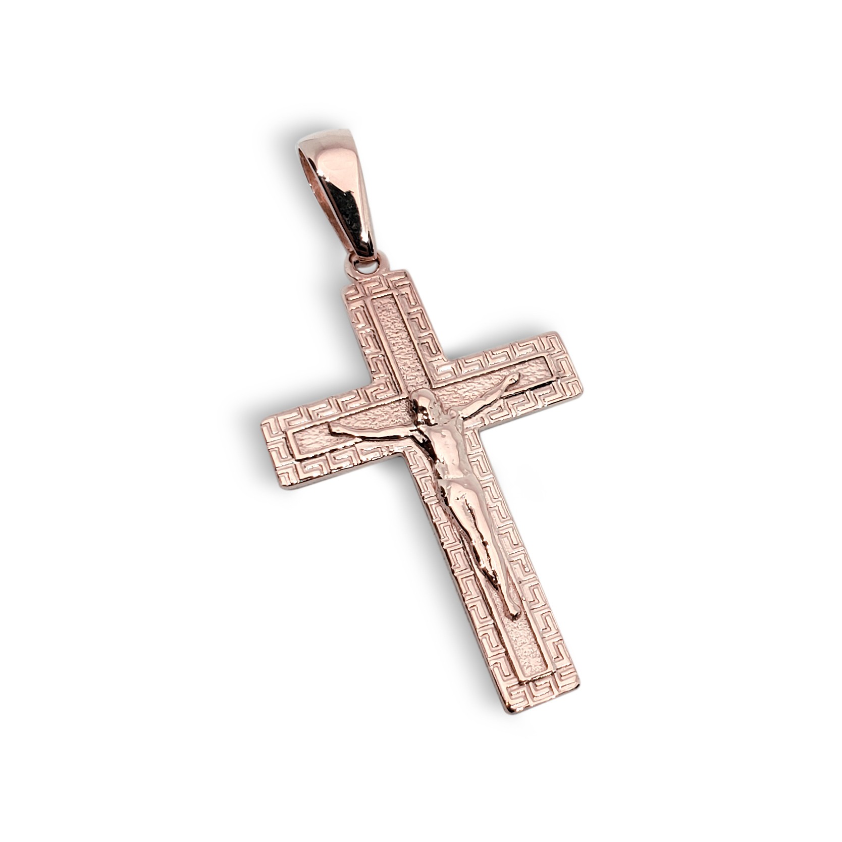 Solid 18K Rose Gold Cross Pendant Ornate Greek Key Cross, 4.4