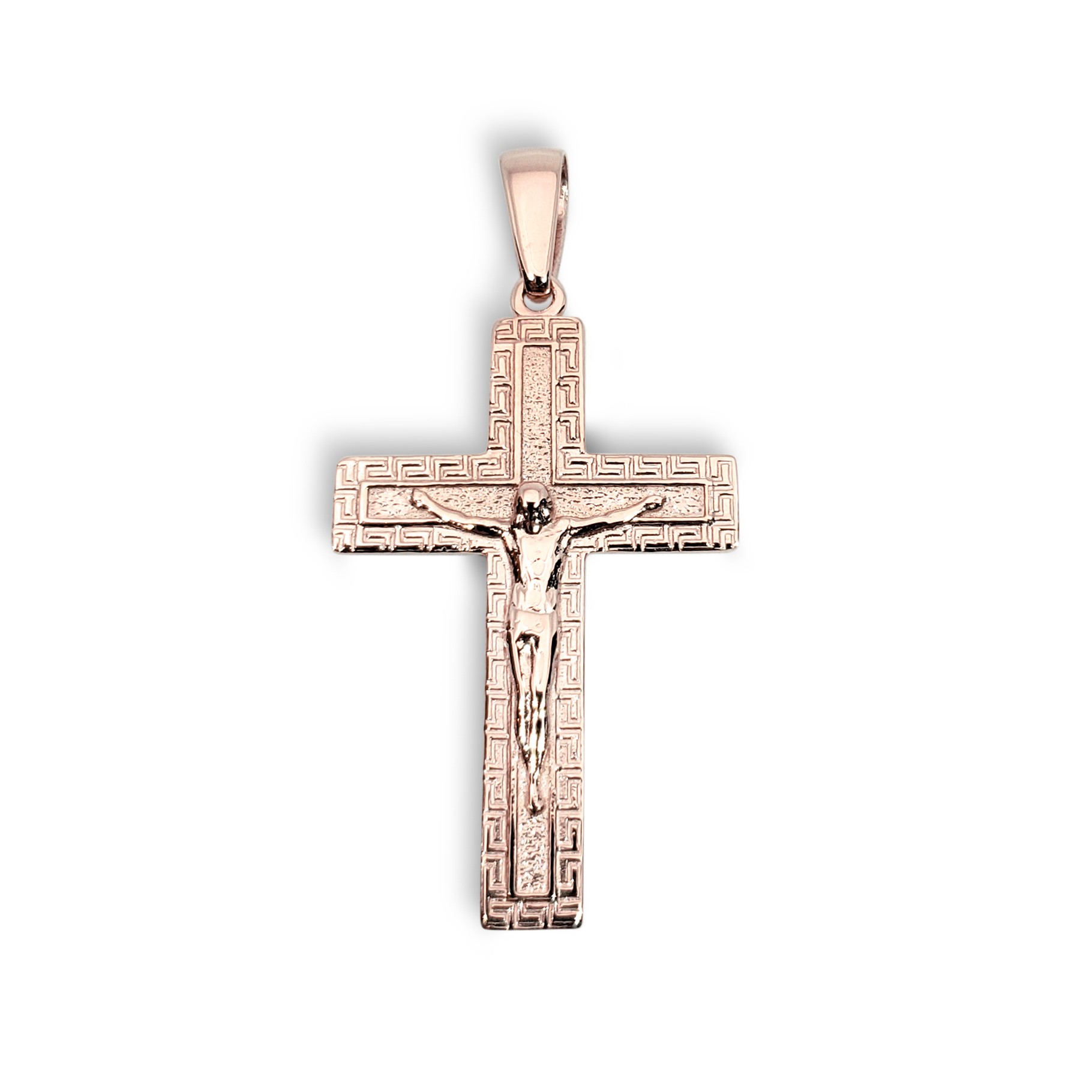 Solid 18K Rose Gold Cross Pendant Ornate Greek Key Cross, 4.4