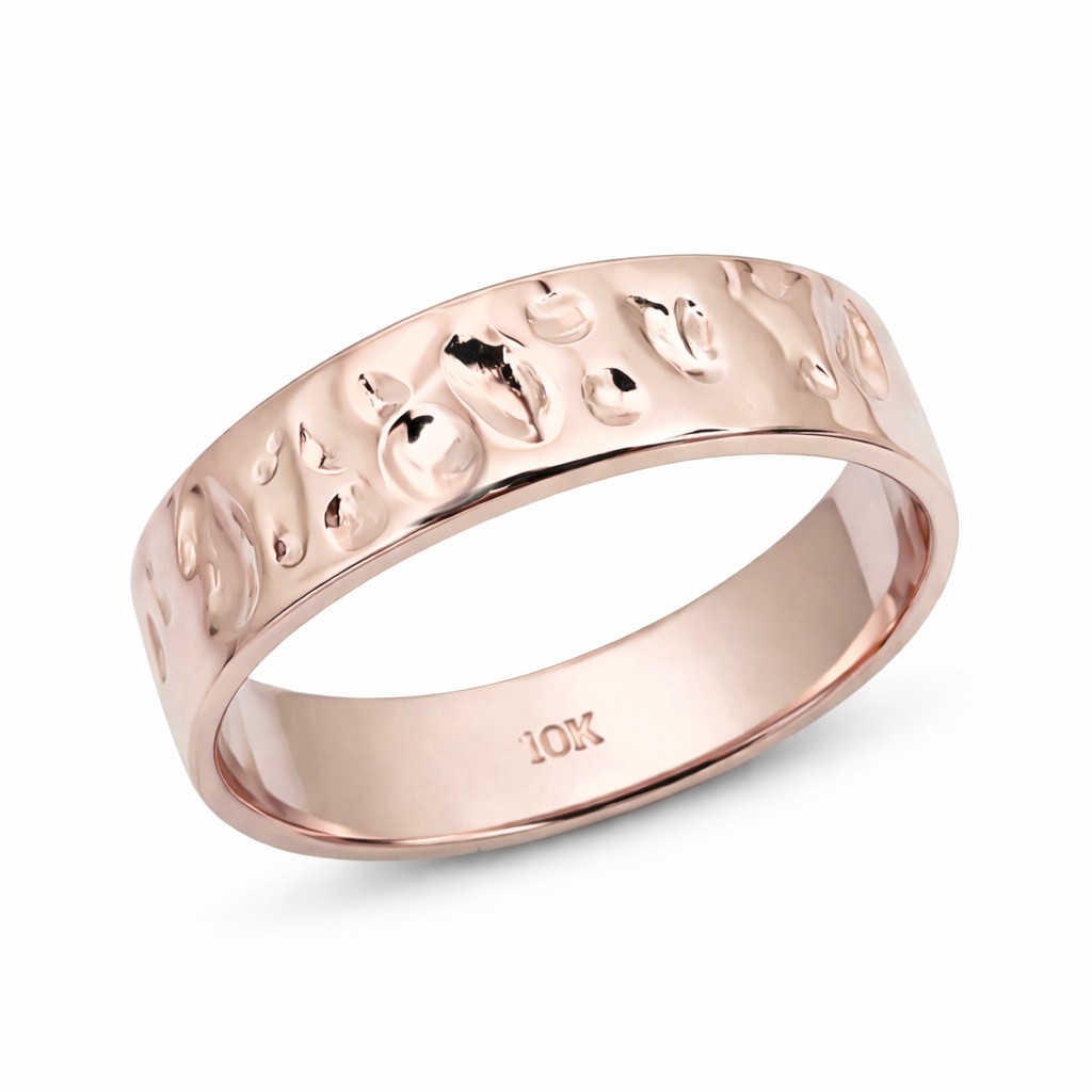 Solid 10K Rose Gold Hammered Band, Handmade 6mm Wedding Ring Deep Hammer Texture
