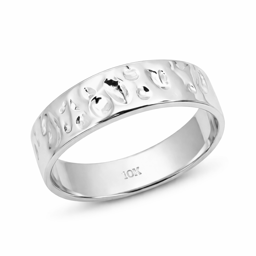 Solid 10K White Gold Hammered Band, Handmade 6mm Wedding Ring Deep Hammer Texture