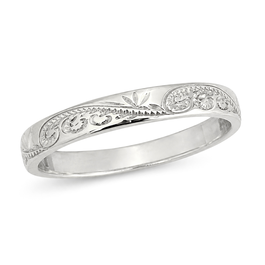 Solid 10K Women's White Gold Ring Engraved Hawaiian Scroll Ring 4mm Size 1 - 12
