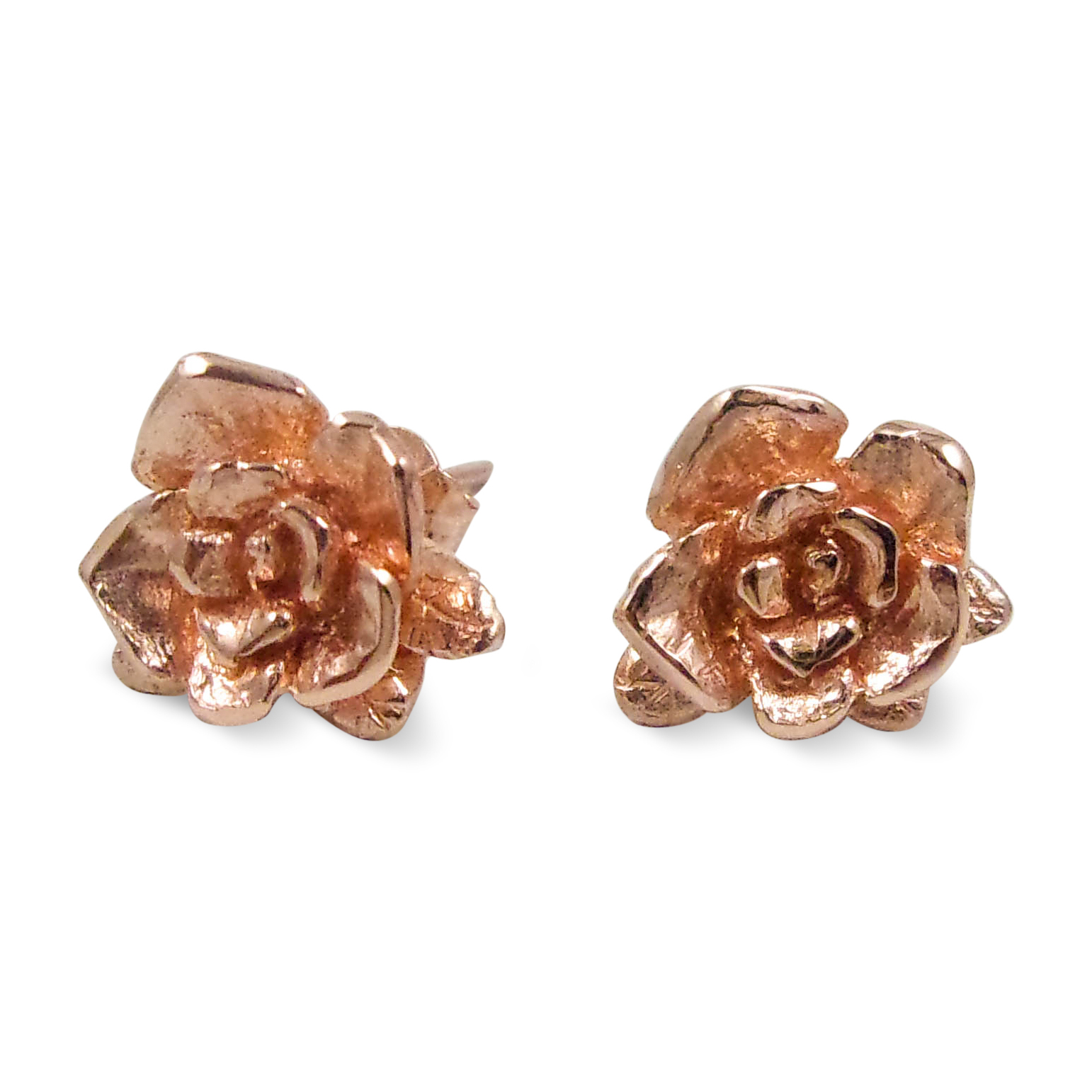 Solid 14K Rose Gold Earrings, Handcarved Rose Flower Stud, 3.0 grams, Artisan