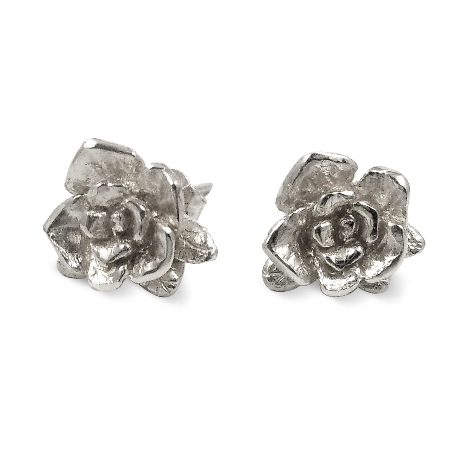 Solid 14K White Gold Earrings, Handcarved Rose Flower Stud, 3.0 grams, Artisan