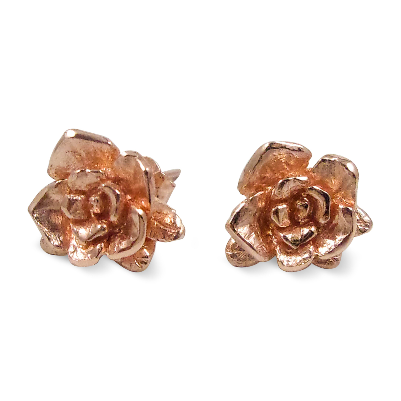 Solid 18K Rose Gold Stud Earrings Handcarved Rose Flower, Artisan