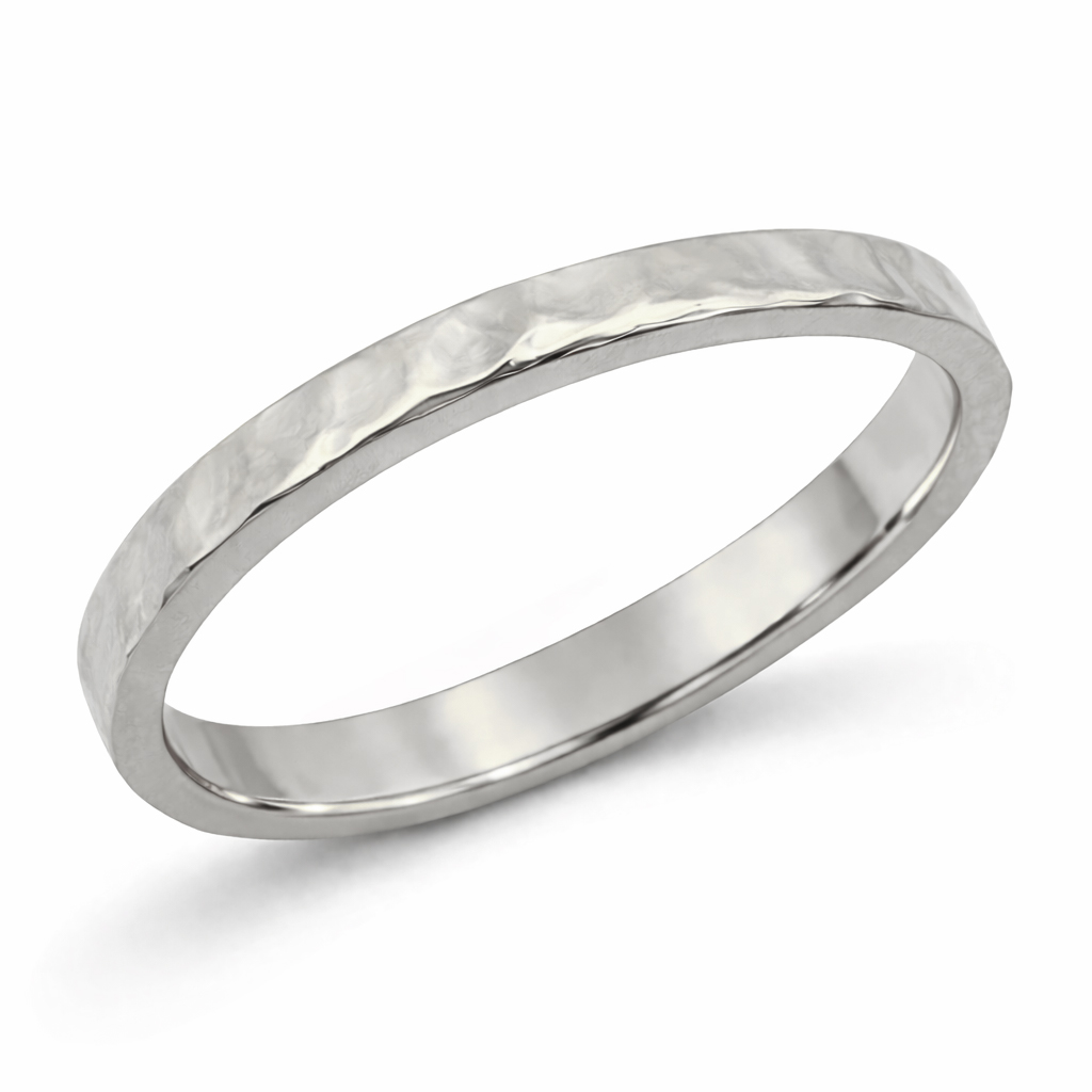 Solid 18K White Gold Hammered Ring, Gold Stackable Ring 2mm Sizes 1 - 12, Midi