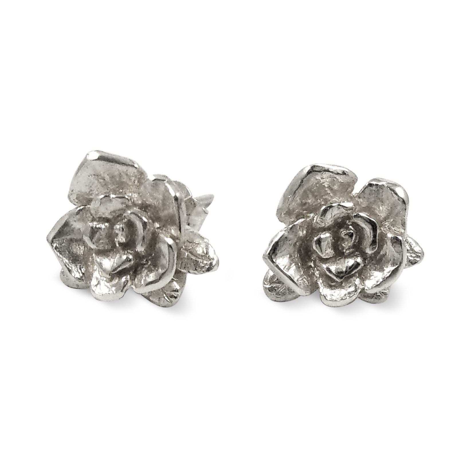 Solid 18K White Gold Stud Earrings Handcarved Rose Flower, Artisan