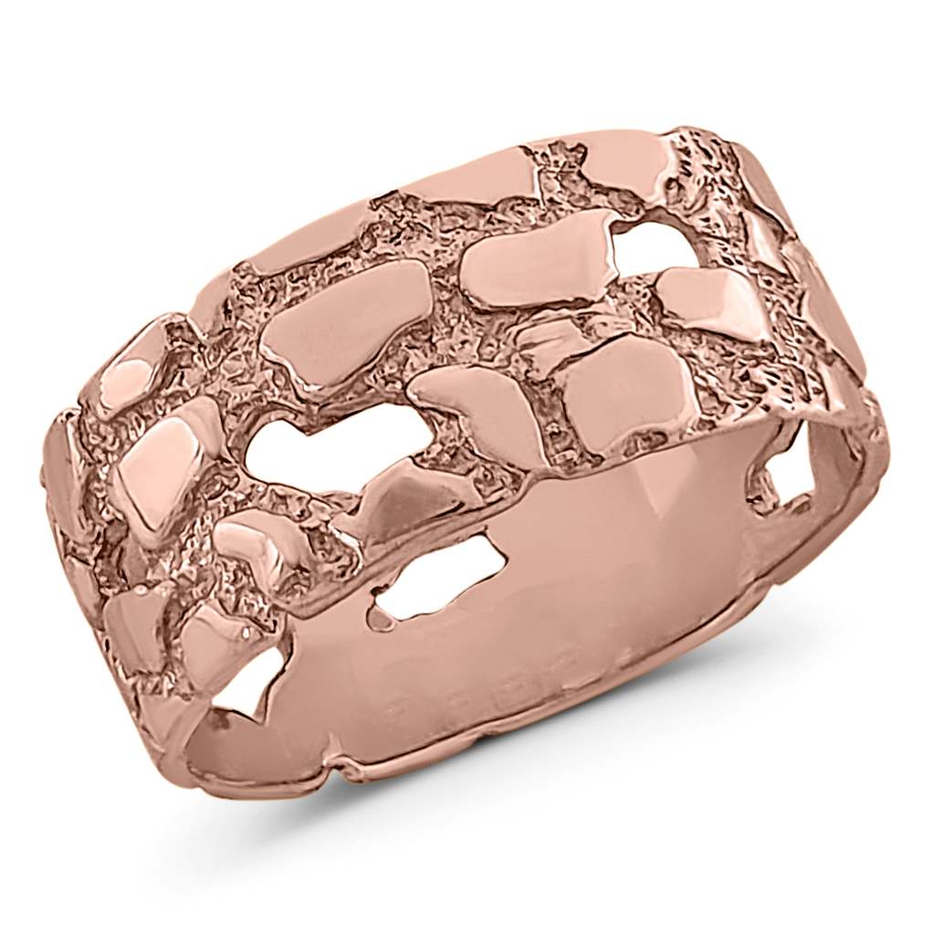 Solid 18K Rose Gold Mens Nugget Band, 9mm Gold Nugget Ring, Size 5 - 15