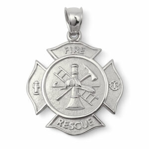 Solid 14K White Gold Firefighter Charm Fire Department Rescue Maltese Cross Pendant
