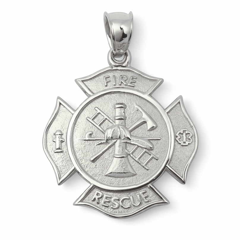Solid 18K White Gold Firefighter Fire Rescue Maltese Cross Pendant