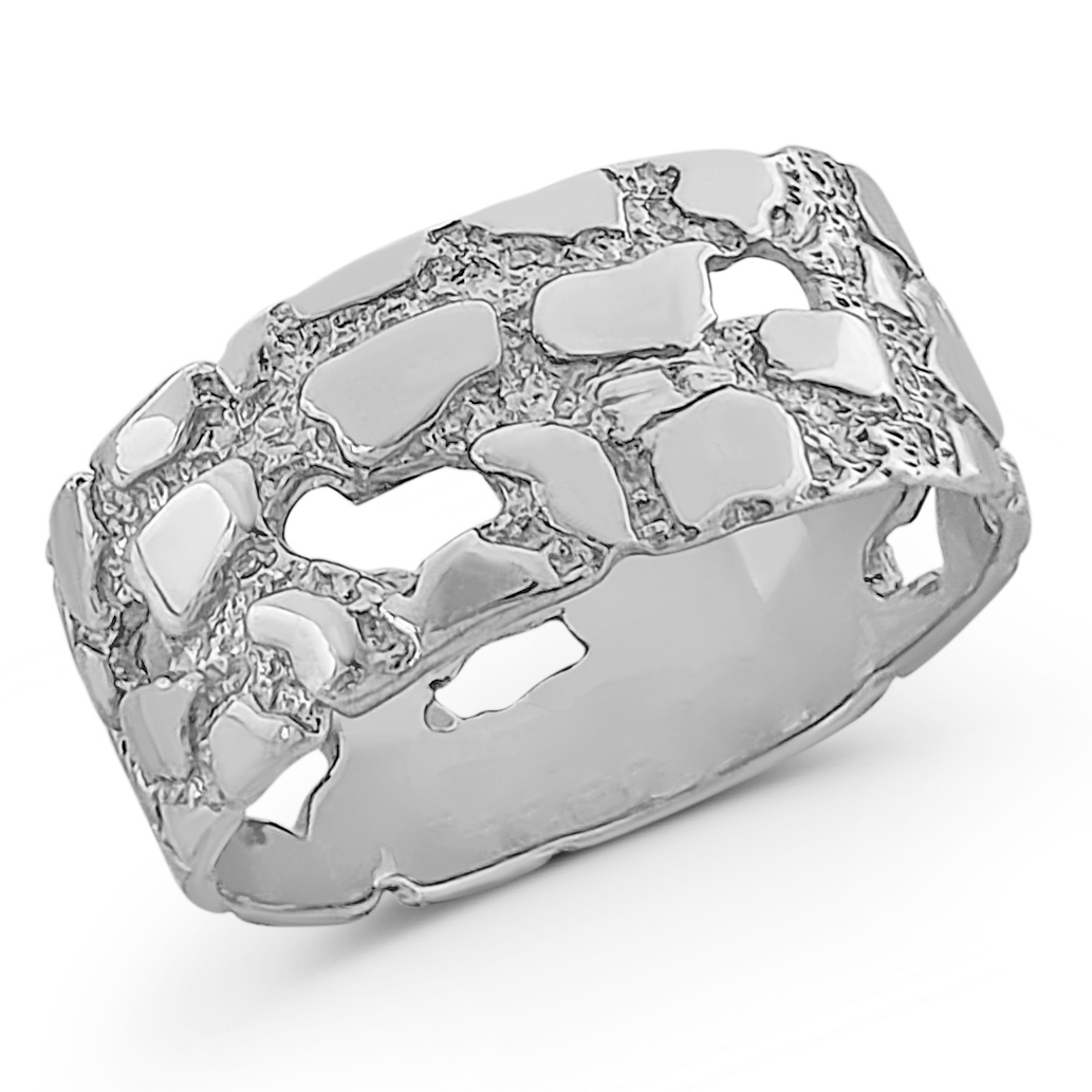 Solid 18K White Gold Mens Nugget Band, 9mm Gold Nugget Ring, Size 5 - 15