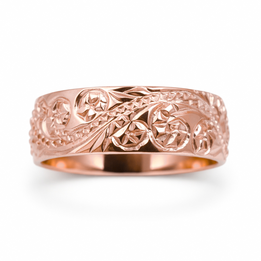 Solid 18K Women's Rose Gold Hawaiian Scroll Ring, Gold Hawaiian Jewelry 6mm Size 3 - 12