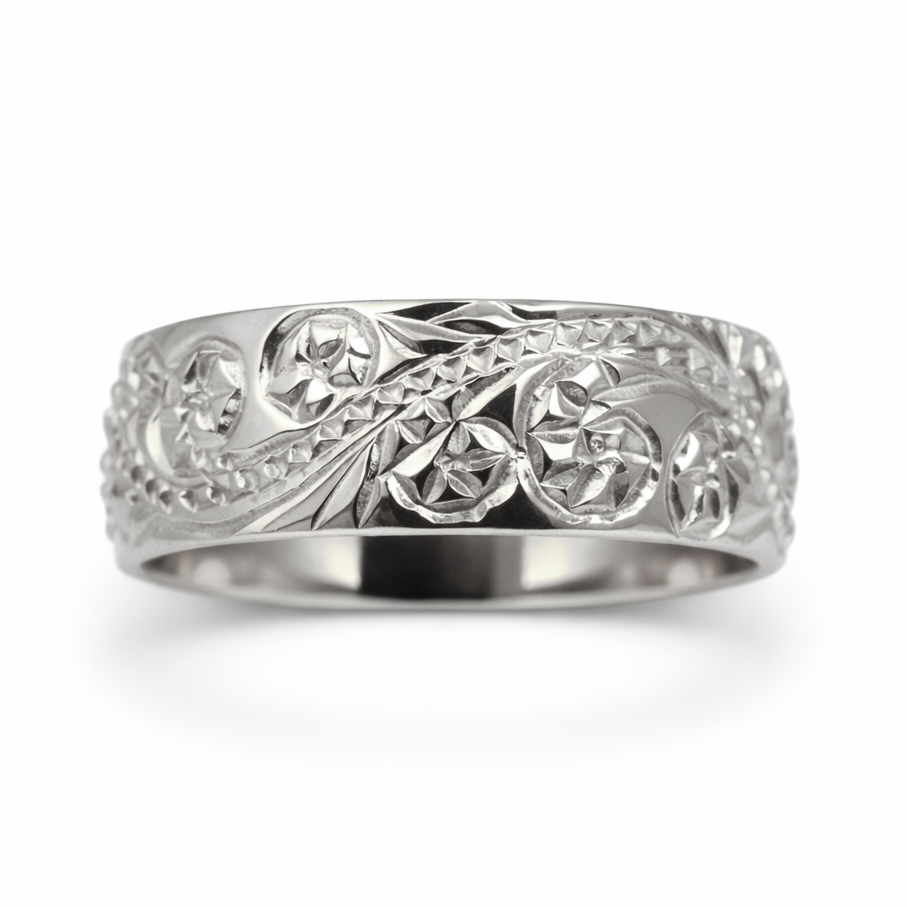 Solid 18K Women's White Gold Hawaiian Scroll Ring, Gold Hawaiian Jewelry 6mm Size 3 - 12