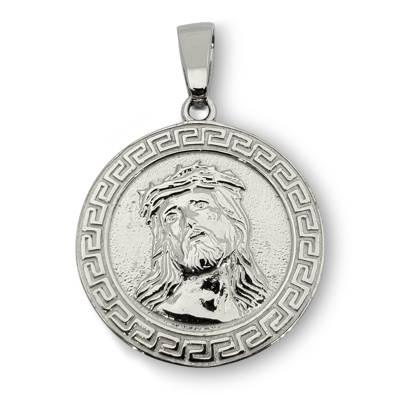 Real 14K White Gold Jesus Pendant Gold Jesus Piece All Sizes Greek Key Border