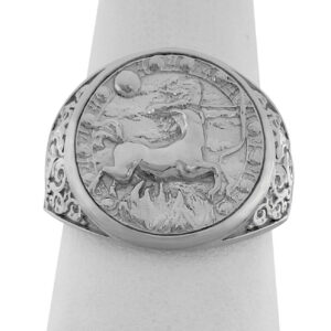 Real 14K White Gold Sagittarius Ring, Zodiac Sign Mens Gold Coin Ring Astrology Jewelry