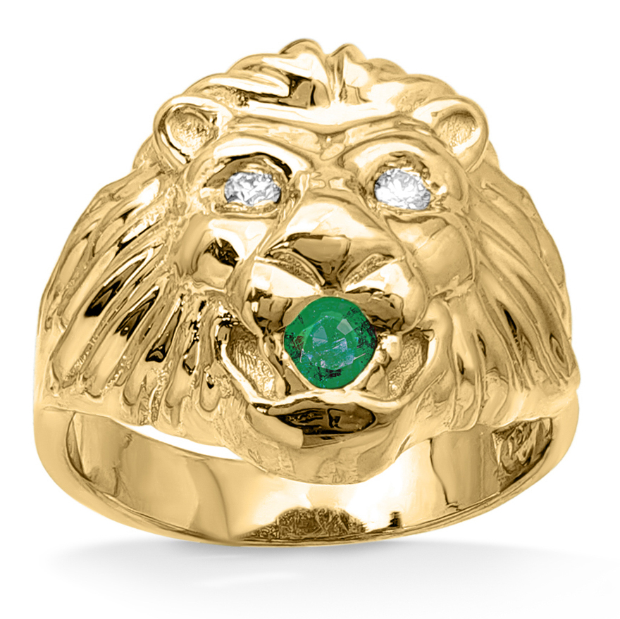 Real 18K Yellow Gold Mens Lion Ring Diamond Eyes Emerald Mouth Size 5 - 15