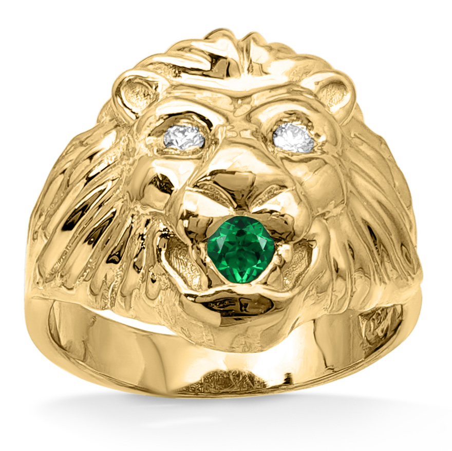 Real 18K Yellow Gold Mens Lion Ring Diamond Eyes Emerald Mouth Size 5 - 15