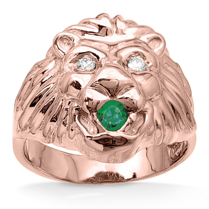 Real 14K Rose Gold Mens Lion Ring Diamond Eyes Emerald Mouth Size 5 - 15