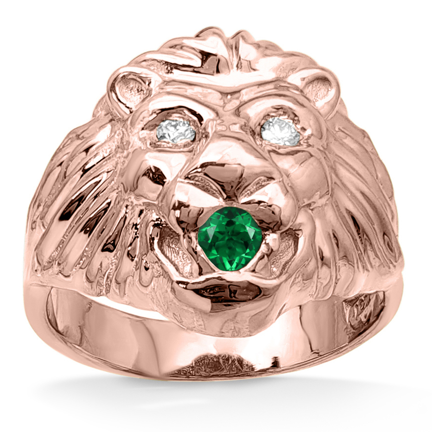 Real 14K Rose Gold Mens Lion Ring Diamond Eyes Emerald Mouth Size 5 - 15