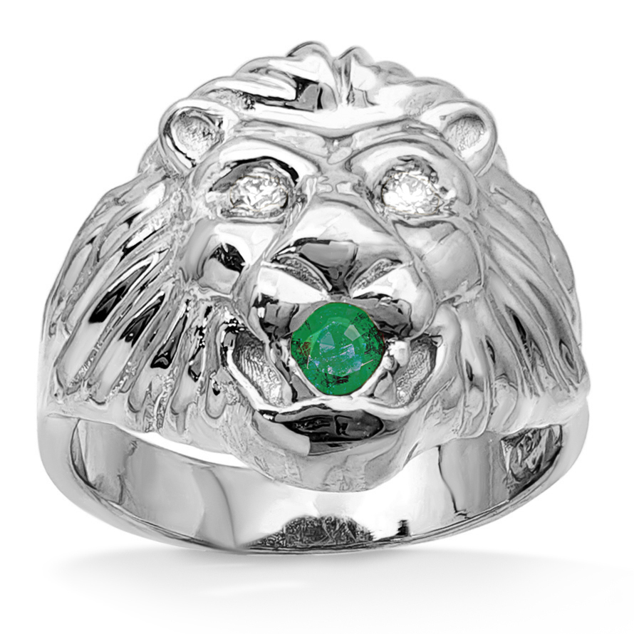 Real 14K White Gold Mens Lion Ring Diamond Eyes Emerald Mouth Size 5 - 15