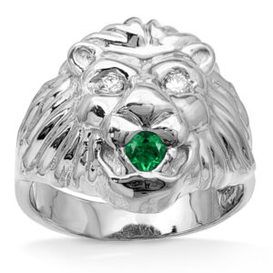 Real 14K White Gold Mens Lion Ring Diamond Eyes Emerald Mouth Size 5 - 15