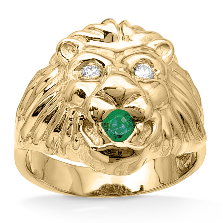 Real 14K Yellow Gold Mens Lion Ring Diamond Eyes Emerald Mouth Size 5 - 15