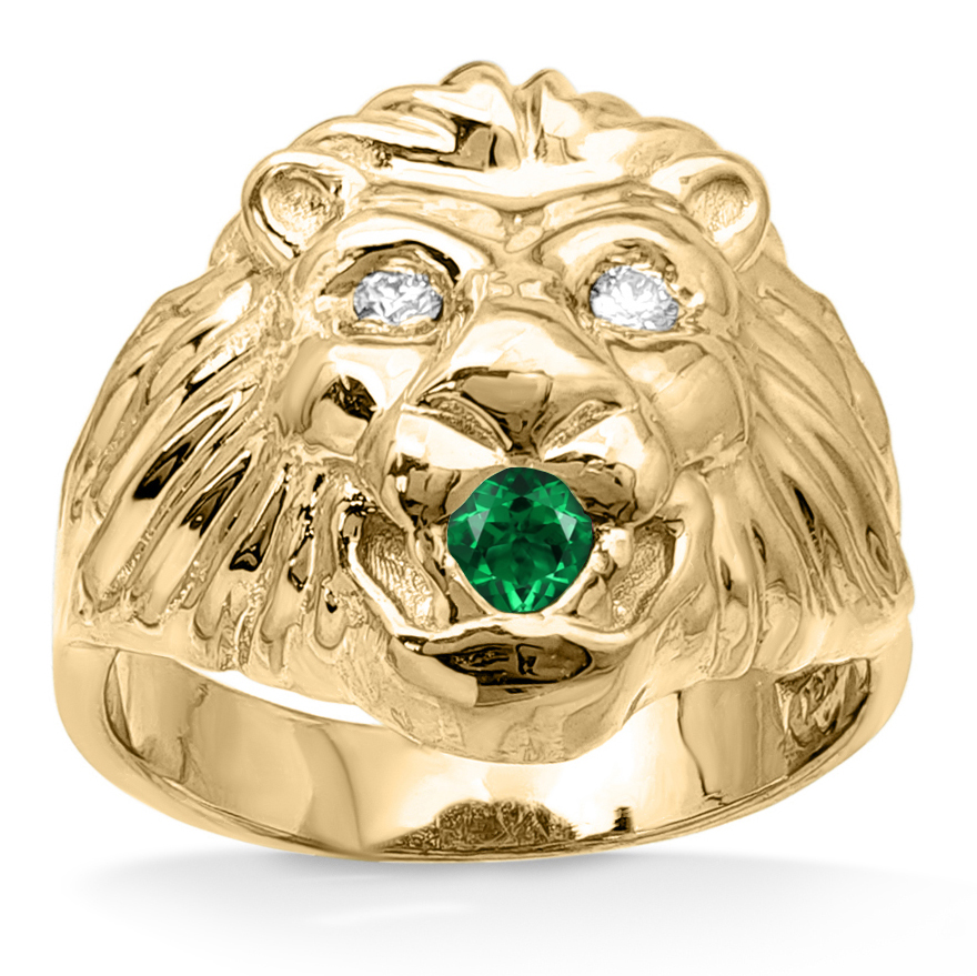 Real 14K Yellow Gold Mens Lion Ring Diamond Eyes Emerald Mouth Size 5 - 15