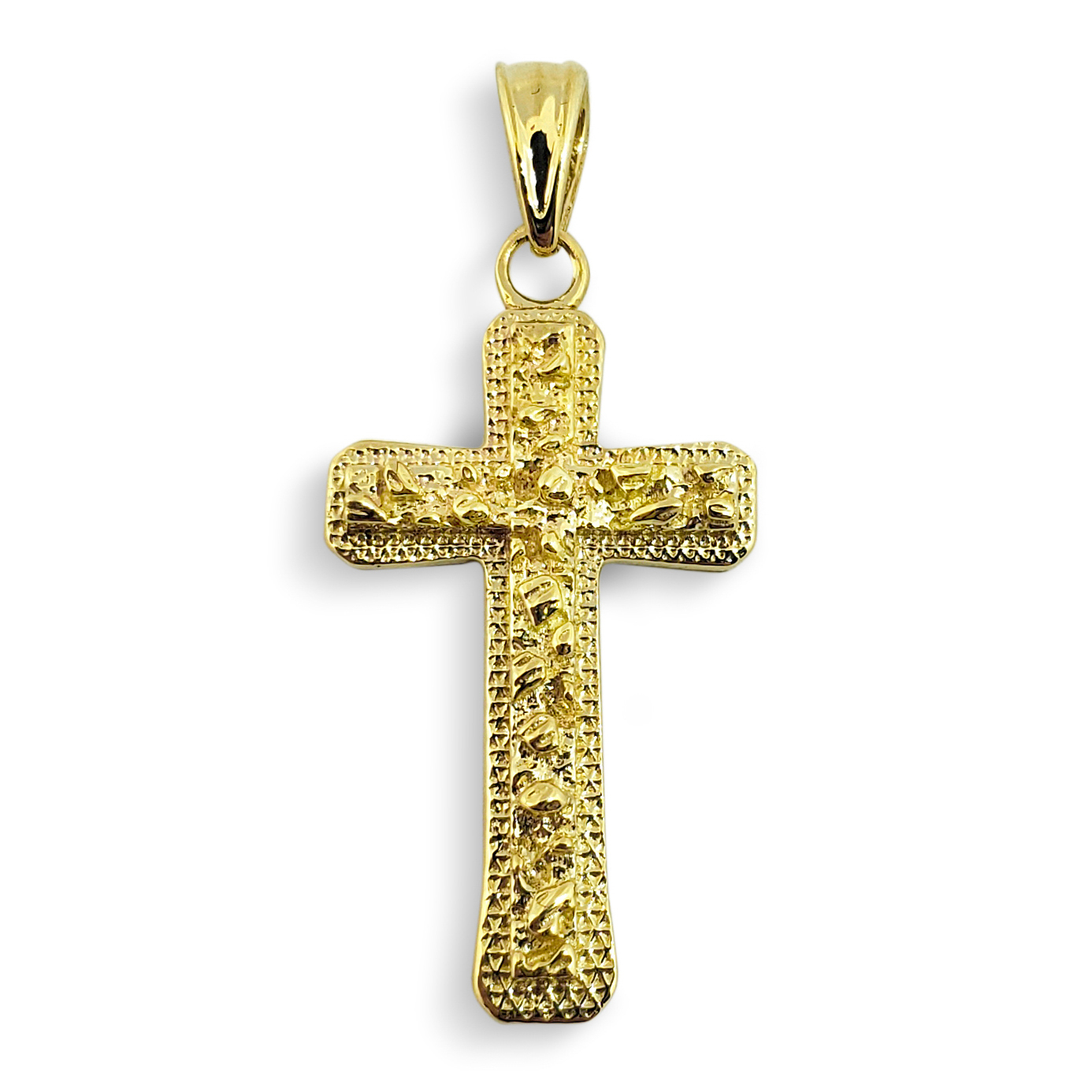 Real 18K Yellow Gold Nugget Cross Textured Edge Mens Diamond Cut Pendant All Sizes