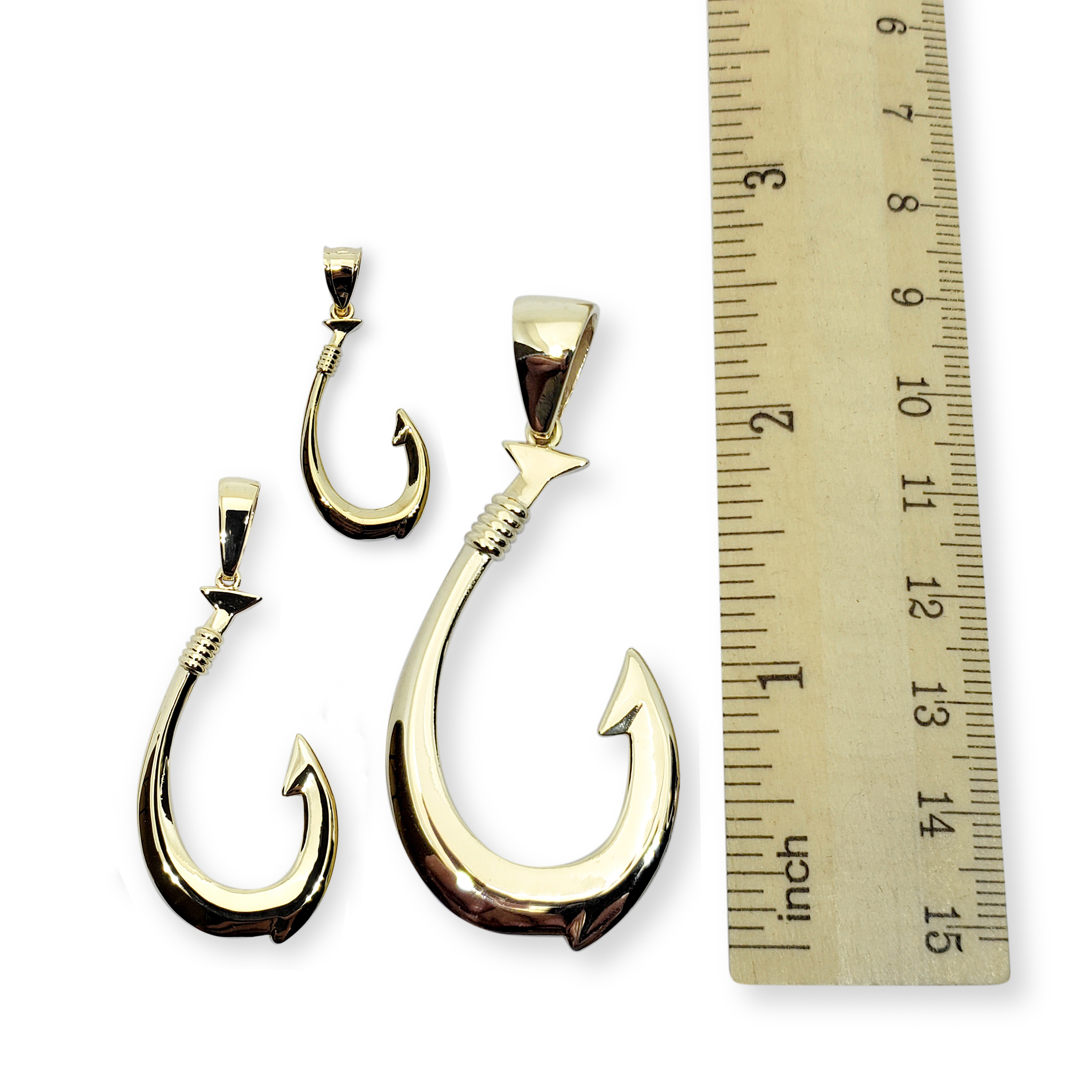 Real 14K Yellow Gold Fish Hook Pendant All Sizes Hawaiian Fish